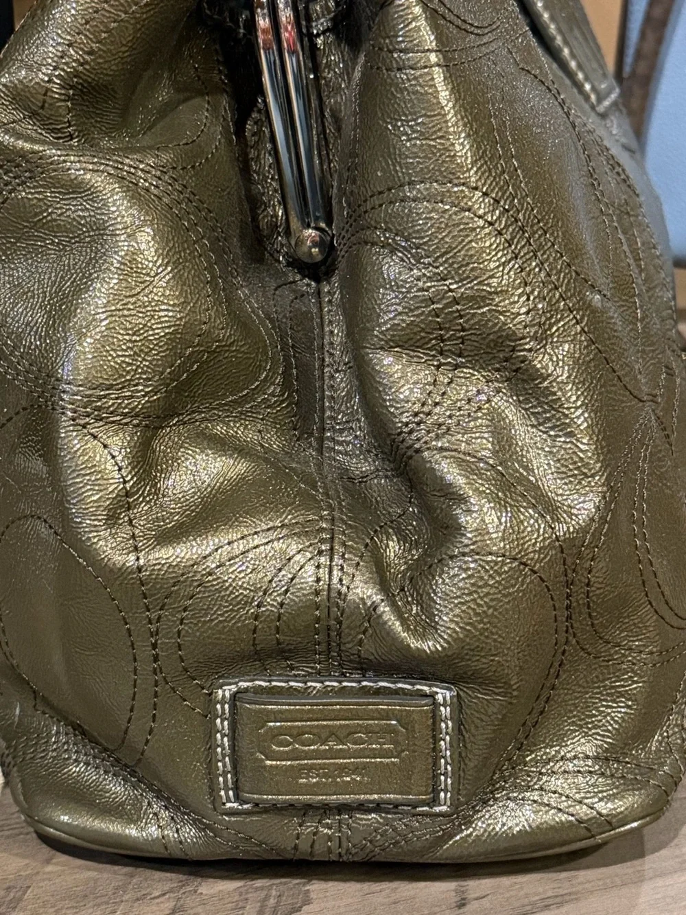 Coach Poppy Glam Tote F15658 Metallic Olive Patent Leather Kisslock Shoulder Bag